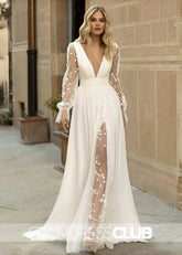 Martina |Long Fall Wedding Dresses Near Me With Sleeve Boho Flowy Lace A - Line V - Neck Beach Gown Split Front and Sweep Train - Price #price_variant_lowest# - White - PromDressClub